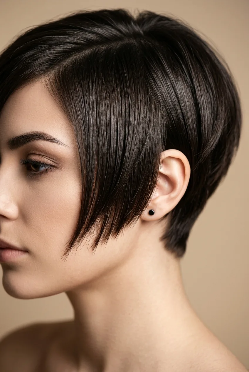 Asymmetrical short haircut displaying precise angles and architectural lines