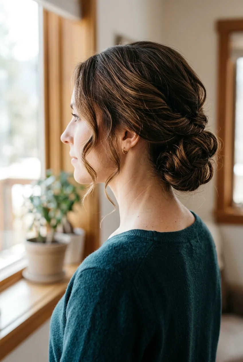 Sophisticated side bun with soft wisps framing face and asymmetrical elegant placement
