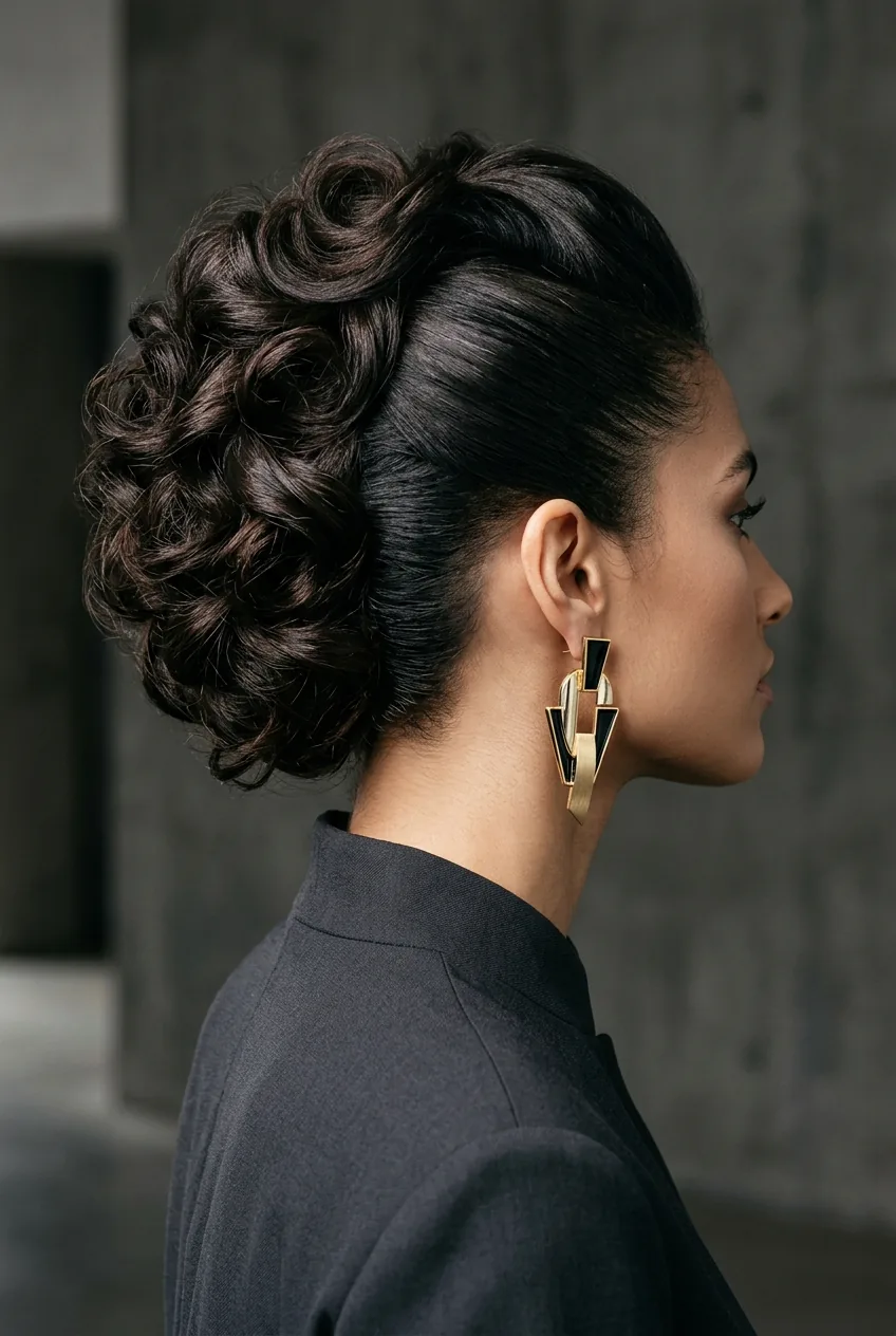 Asymmetrical updo with curls swept to one side and bold earring visible