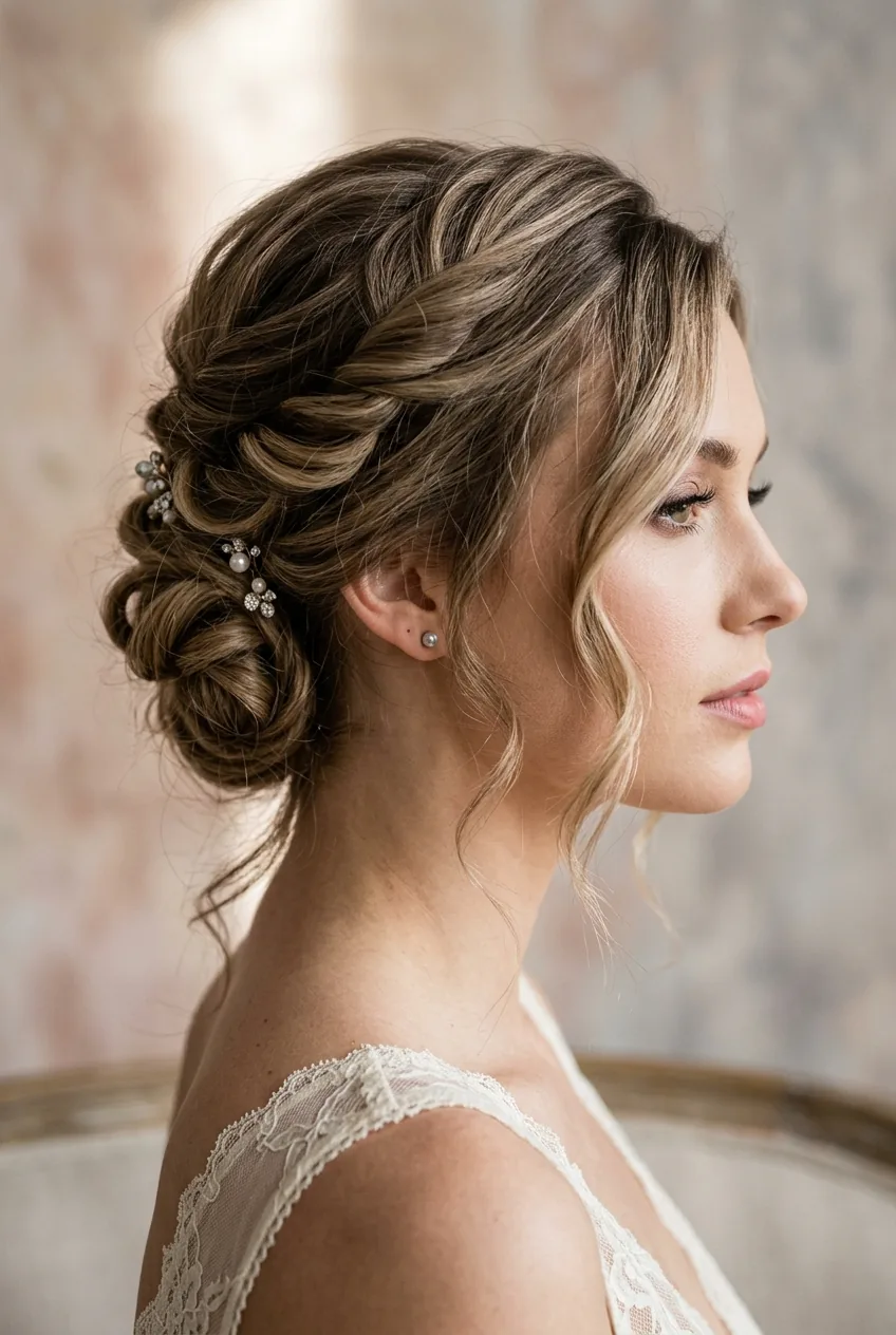 Asymmetrical side-swept wedding updo with modern twisted elements on shoulder-length hair