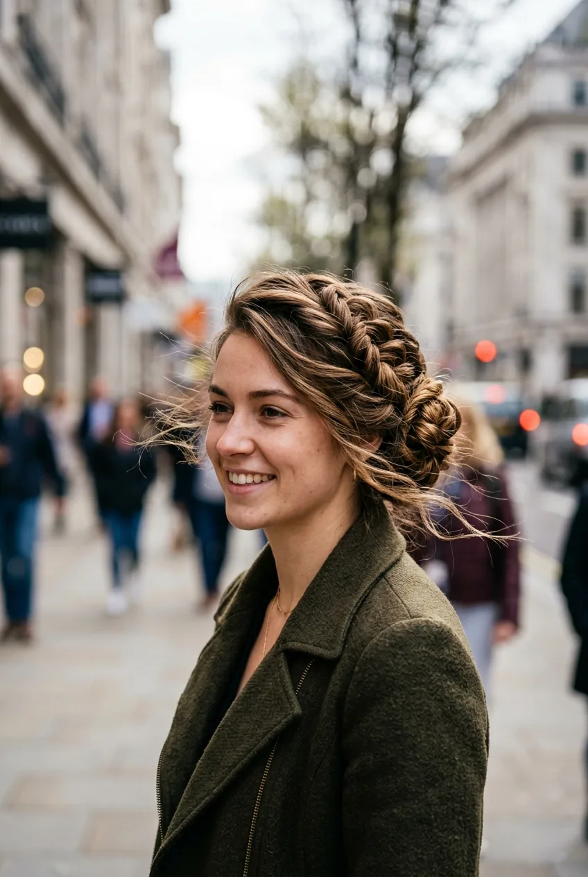 Woman with dramatic asymmetrical updo featuring elaborate twist on one side