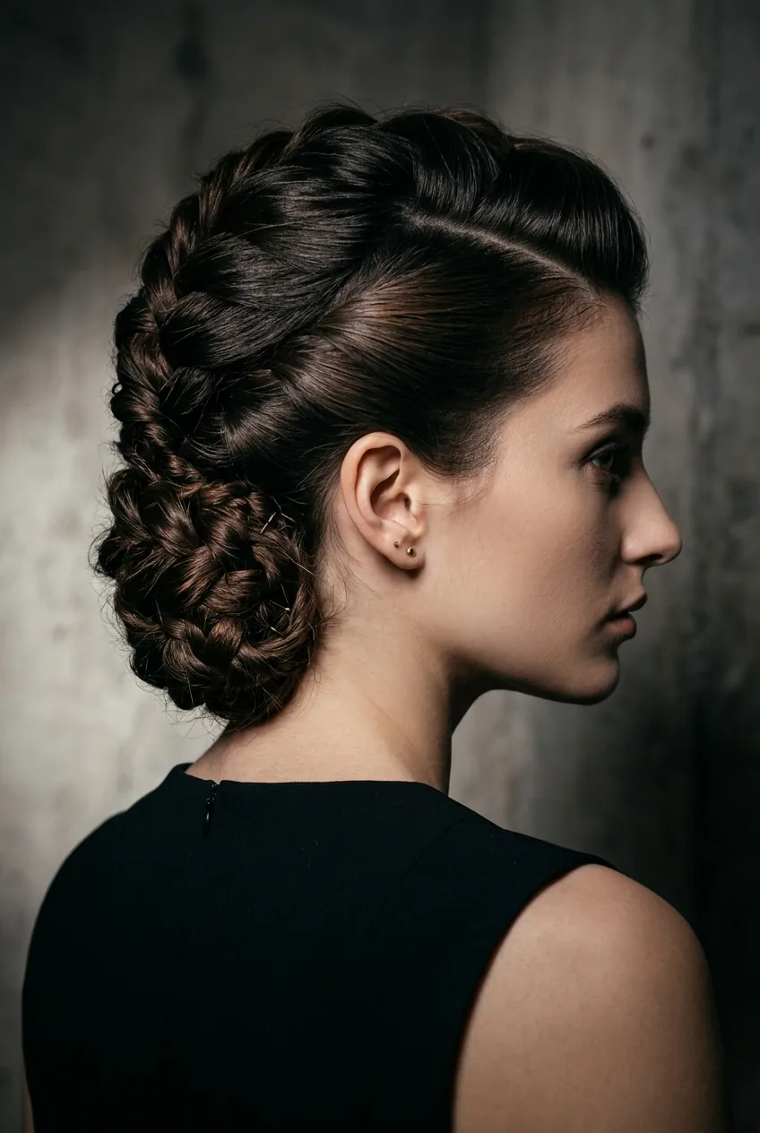 Asymmetrical updo with dramatic one-sided sweep and architectural styling