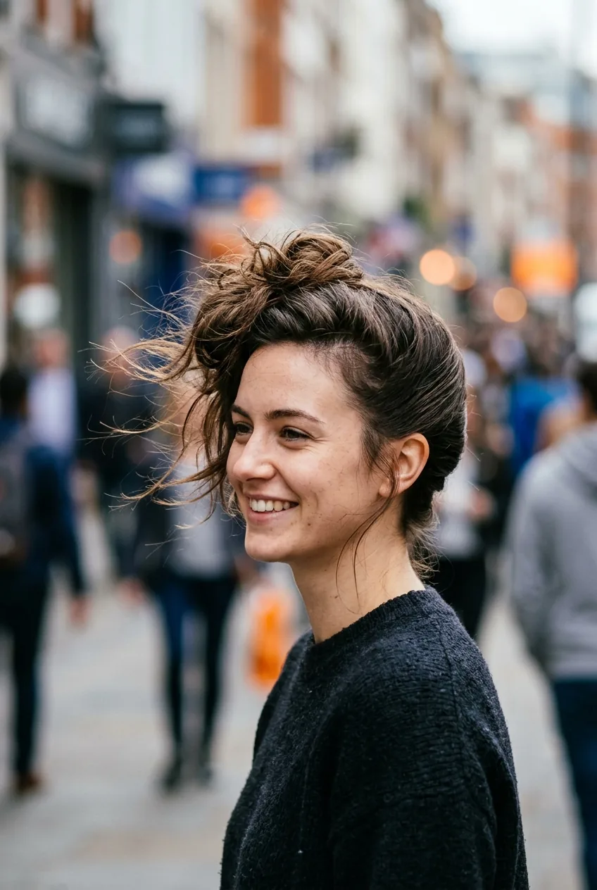 Woman with asymmetrical updo featuring one side sleek and low styling