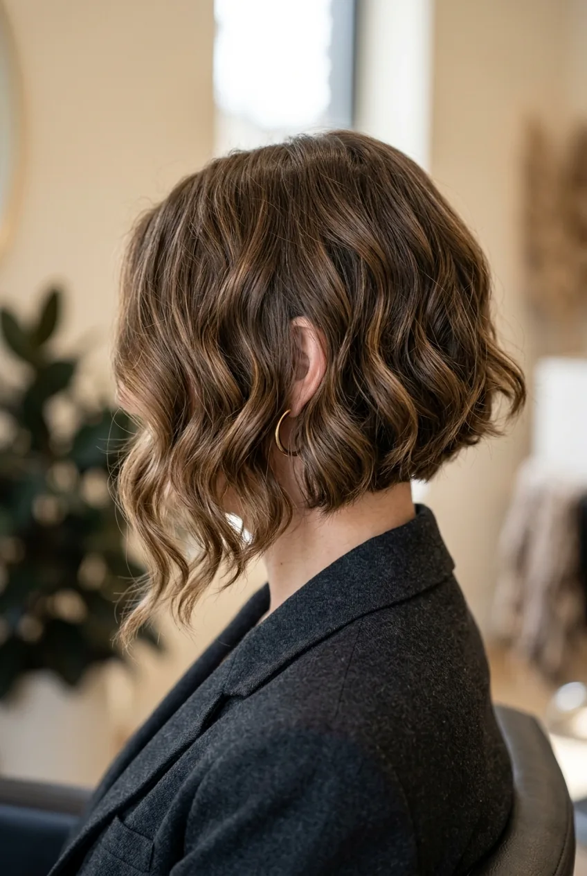 Asymmetrical wavy bob haircut with one side longer, showcasing natural wave pattern