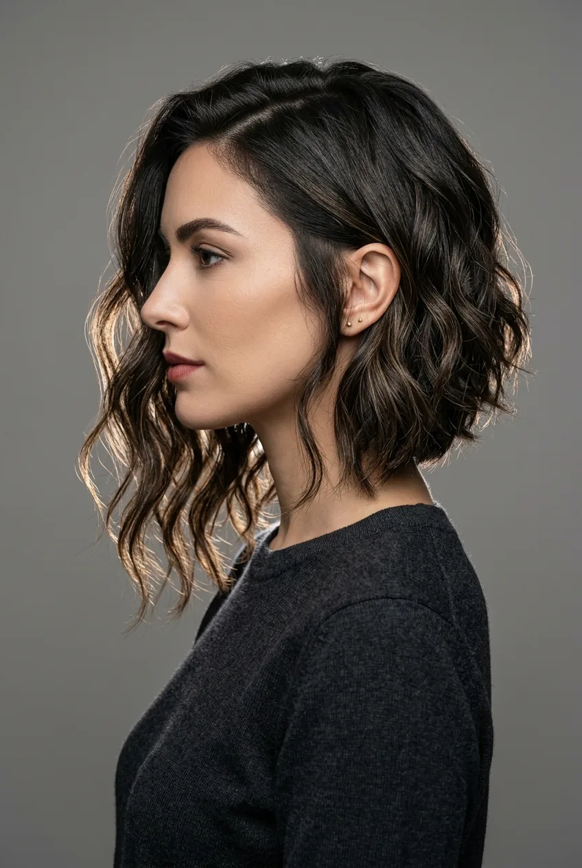 Woman with asymmetrical edge wavy lob showing one side longer than the other
