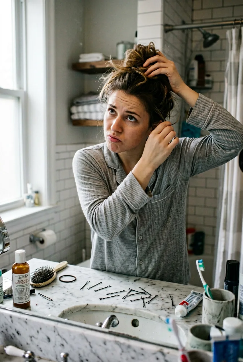 Woman attempting to create messy bun with frustrated expression and bobby pins on counter