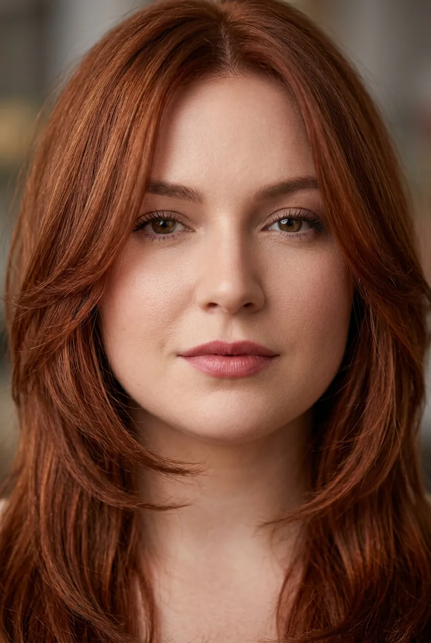 Auburn hair with dimensional face-framing layers creating angles around round face shape