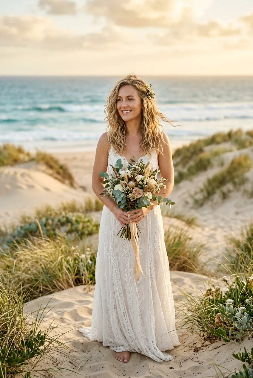 Woman with natural beach waves showing irregular texture perfect for coastal wedding