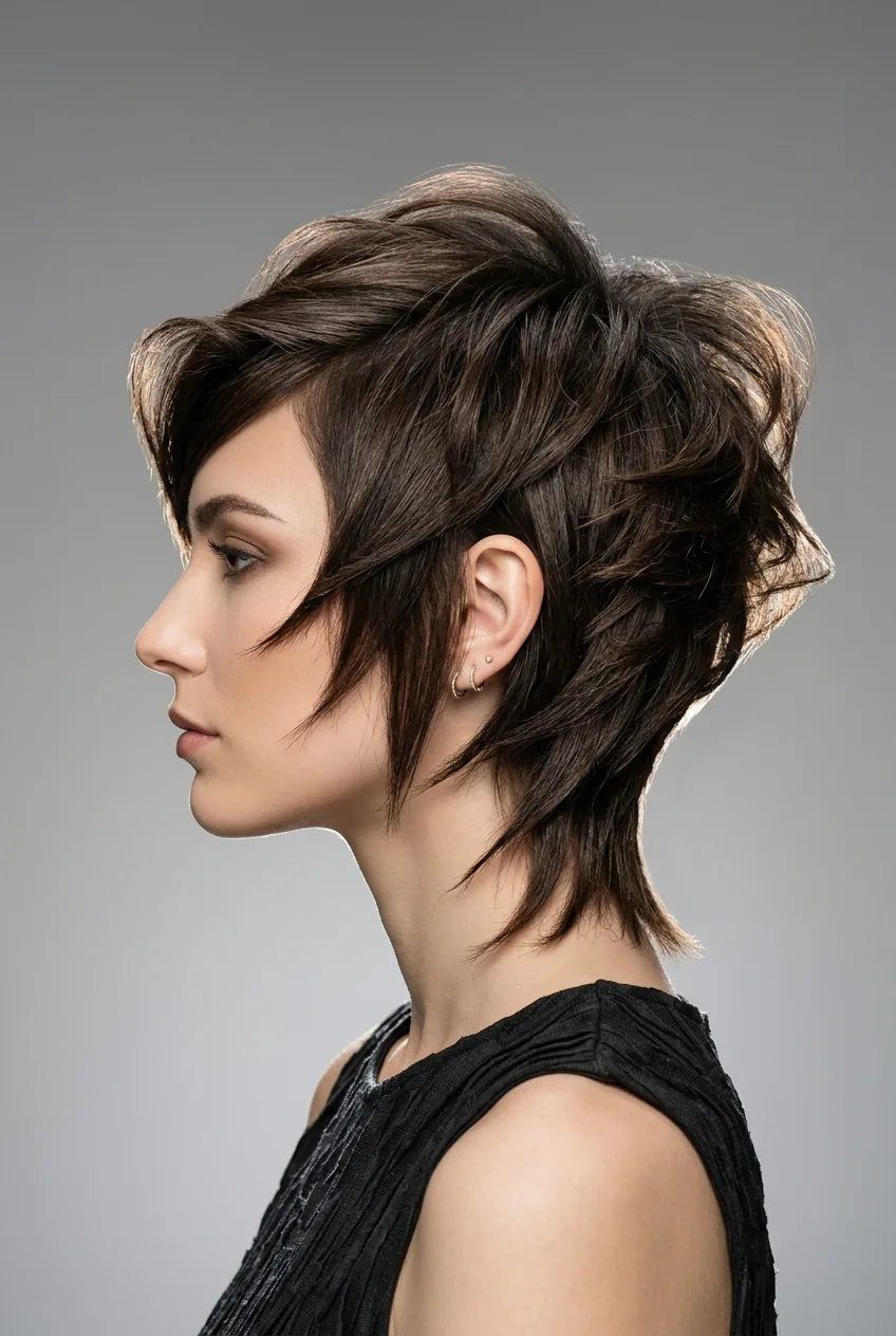 Woman with avant-garde layered creation displaying innovative angles and artistic styling