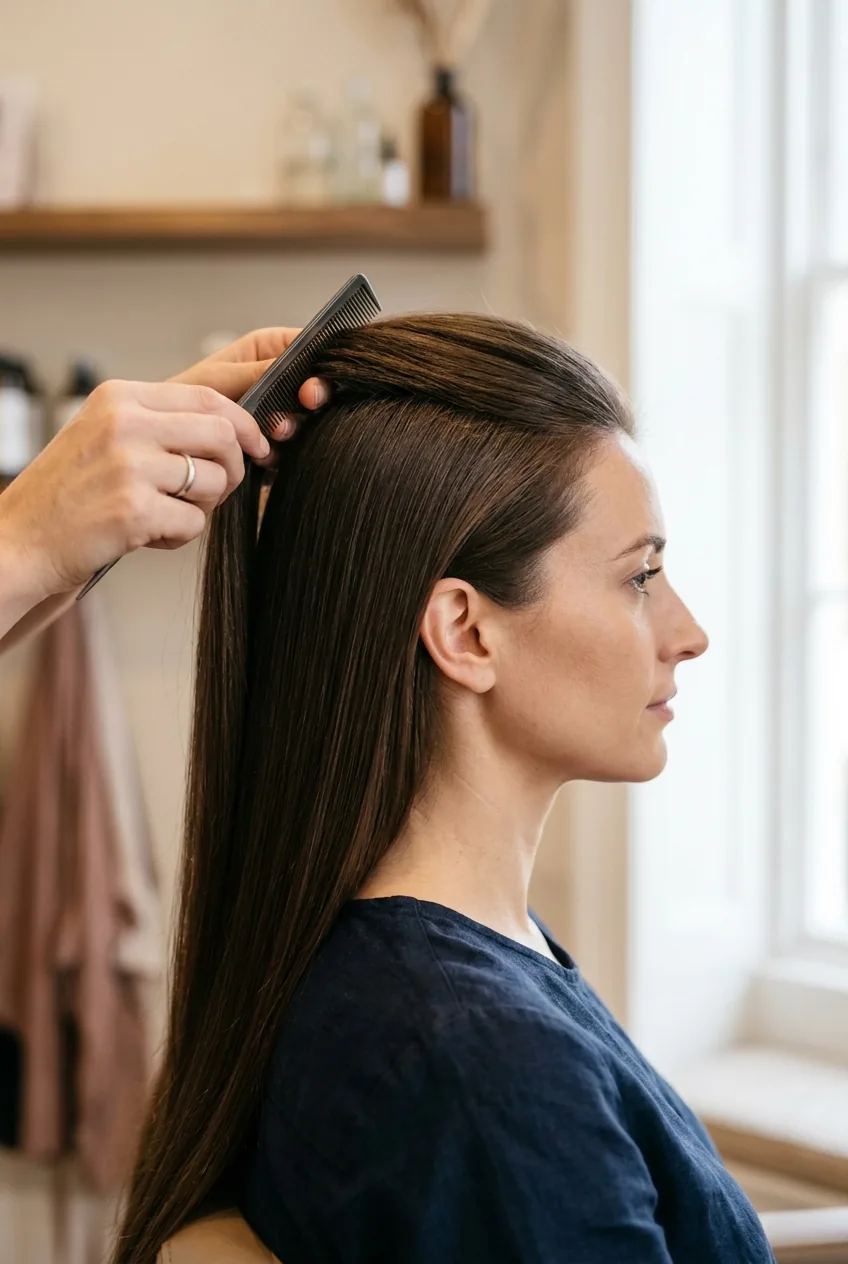 Fine-tooth comb gently backcombing crown area of long smooth hair for volume foundation