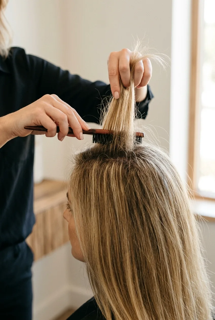 Close-up of backcombing technique at hair roots creating texture and volume for updo foundation