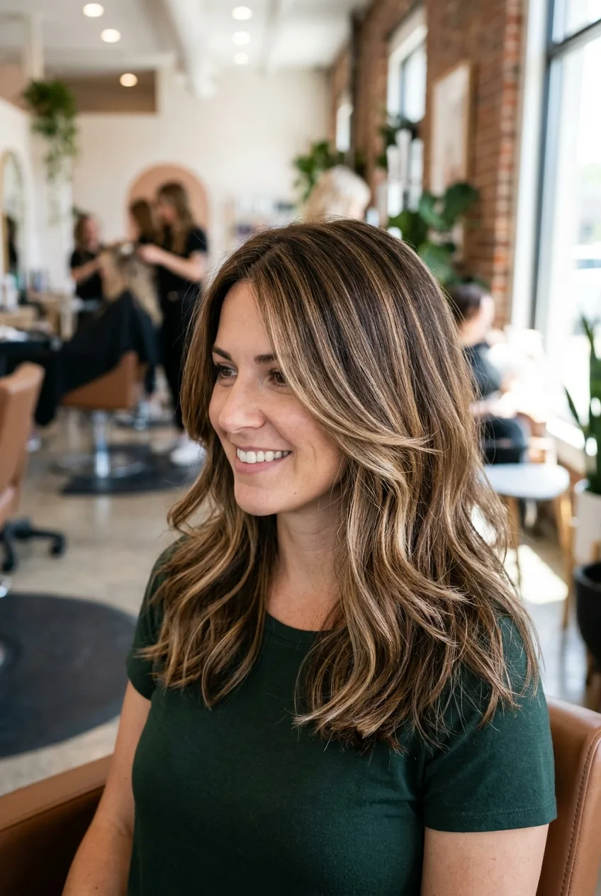 Medium haircut with dimensional balayage highlights showing strategic color placement