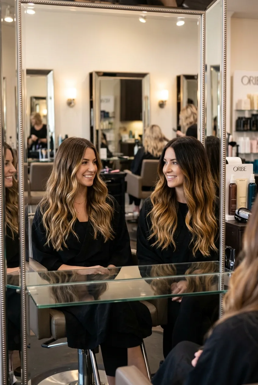 Side-by-side comparison showing balayage and ombre color techniques on long brown hair