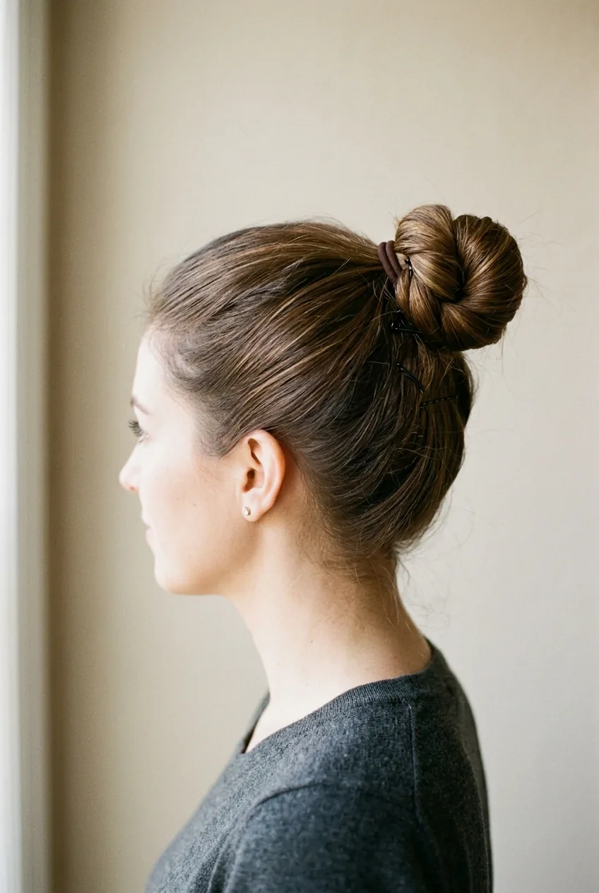Woman with simple high ponytail bun showing basic twist technique in side profile