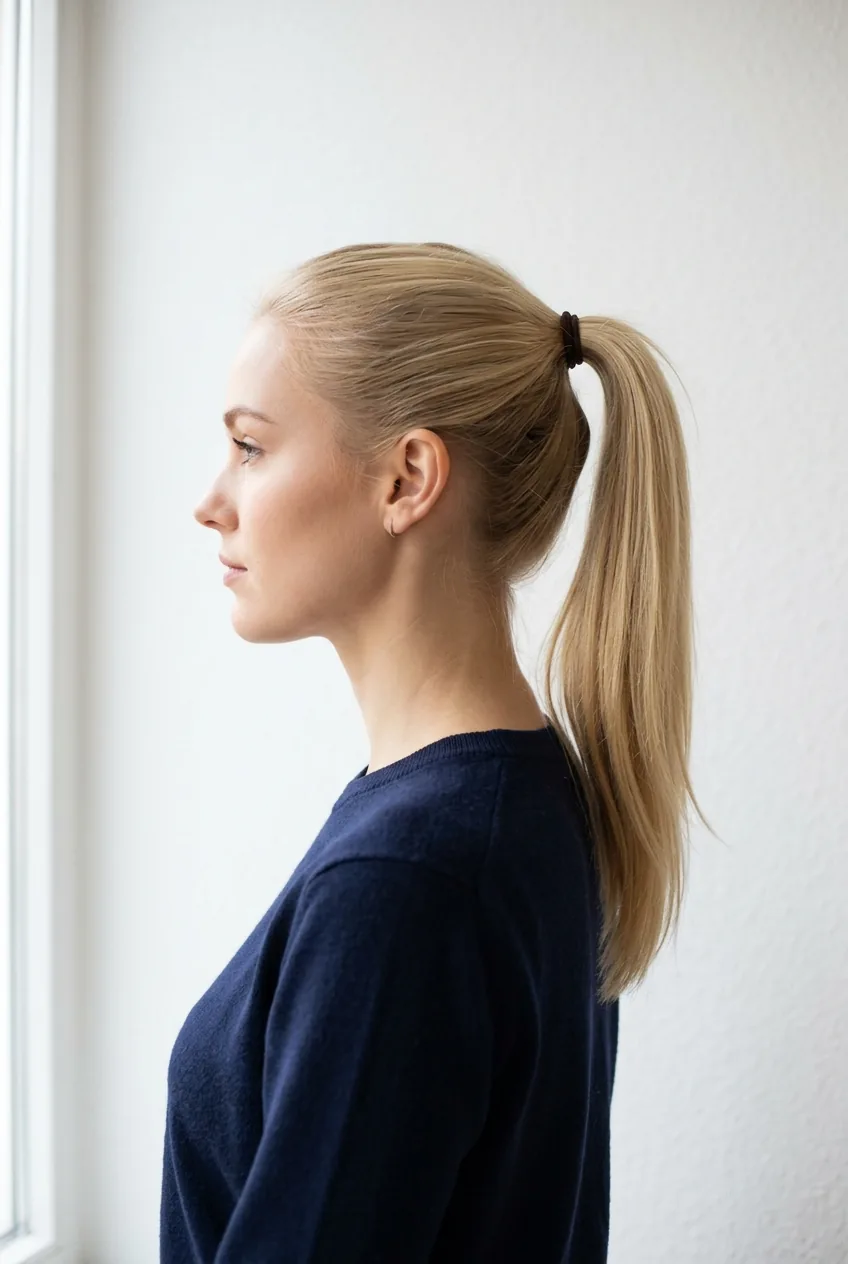 Woman with basic high ponytail positioned at crown level showing clean simple styling