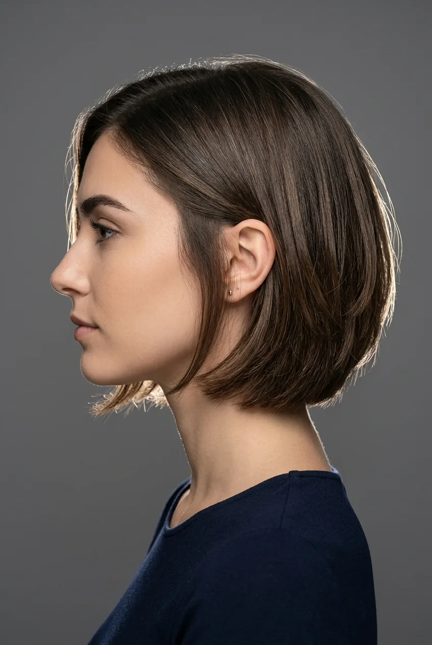 Woman with basic chin-length layered bob showing subtle graduation and natural movement