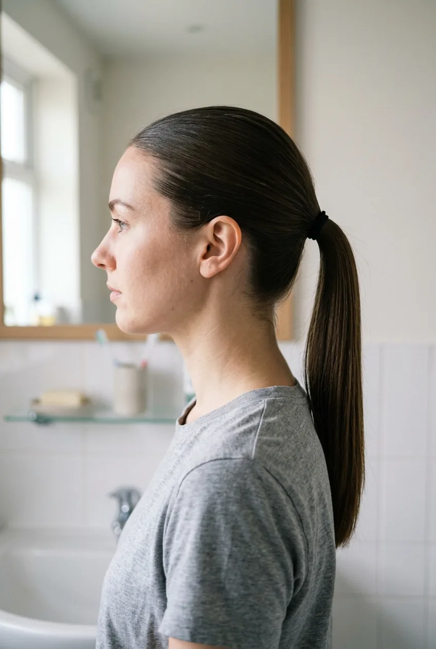 Woman with basic smooth ponytail in side profile showing simple black elastic and brushed-back hair
