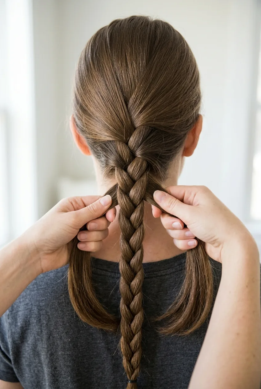 Woman's hands creating a basic three-strand braid with clean sectioning and even tension