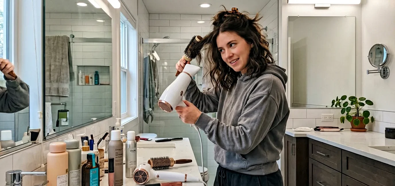 Woman styling her hair in bright modern bathroom with vanity lights and products visible