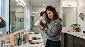 Woman styling her hair in bright modern bathroom with vanity lights and products visible