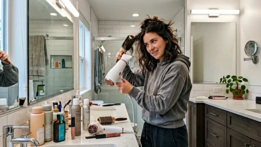 Woman styling her hair in bright modern bathroom with vanity lights and products visible