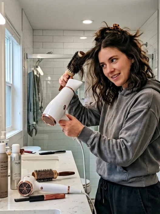 Woman styling her hair in bright modern bathroom with vanity lights and products visible