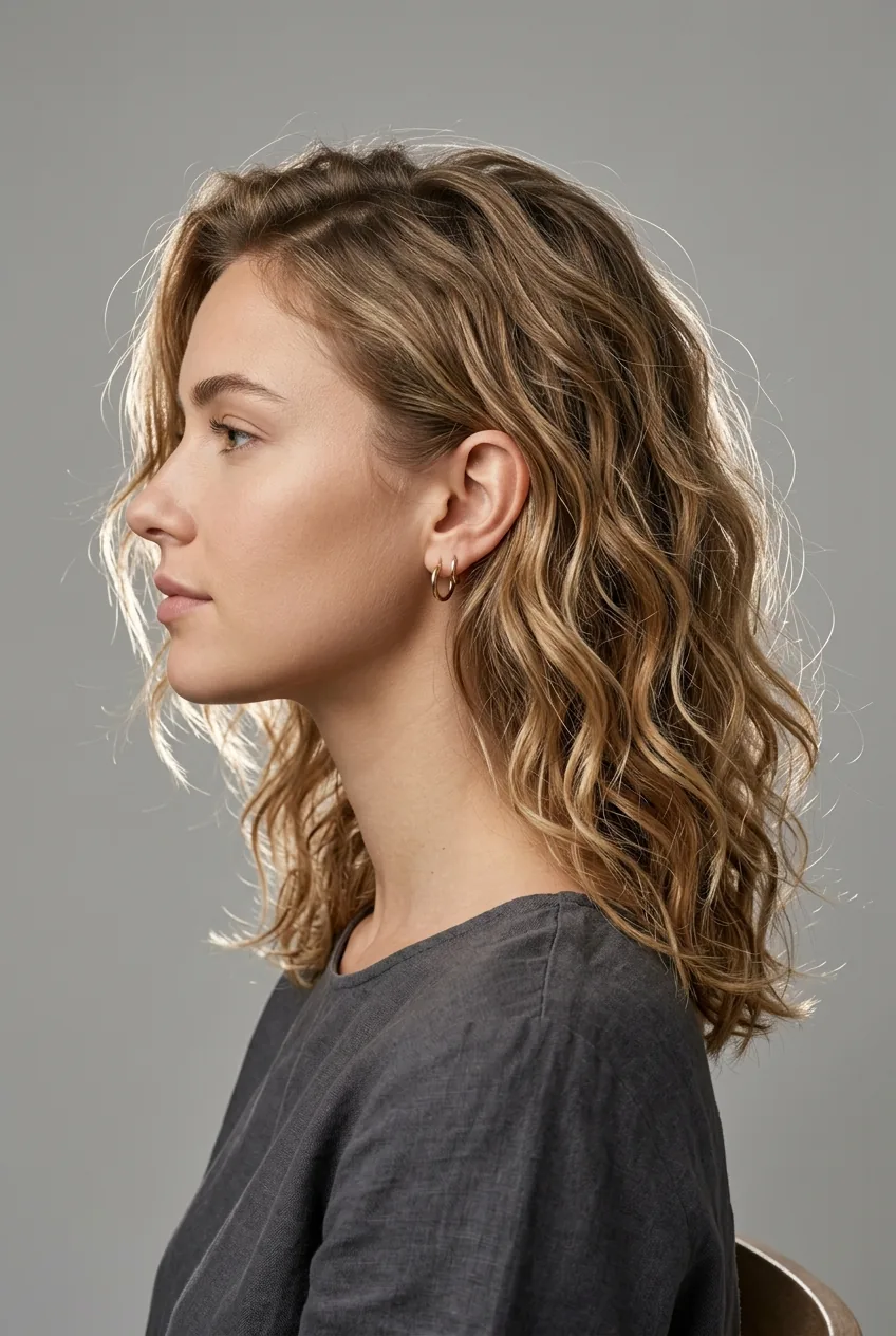 Woman with effortless beach babe wavy lob featuring tousled windswept texture