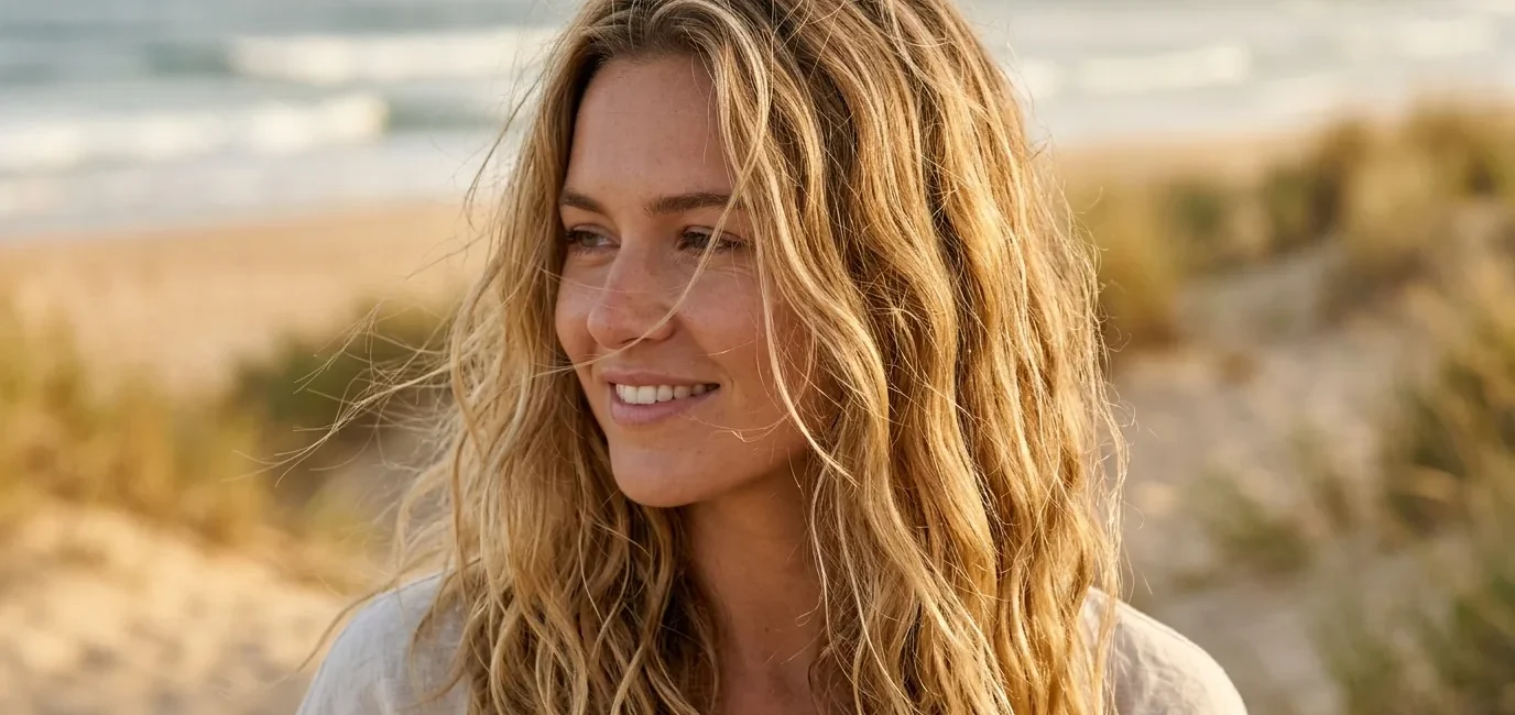 Woman with natural beach hair texture showing sun-kissed highlights and ocean breeze movement