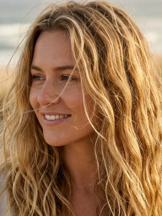 Woman with natural beach hair texture showing sun-kissed highlights and ocean breeze movement