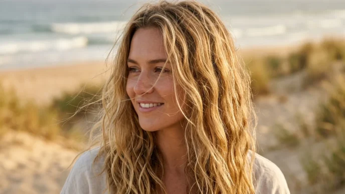 Woman with natural beach hair texture showing sun-kissed highlights and ocean breeze movement