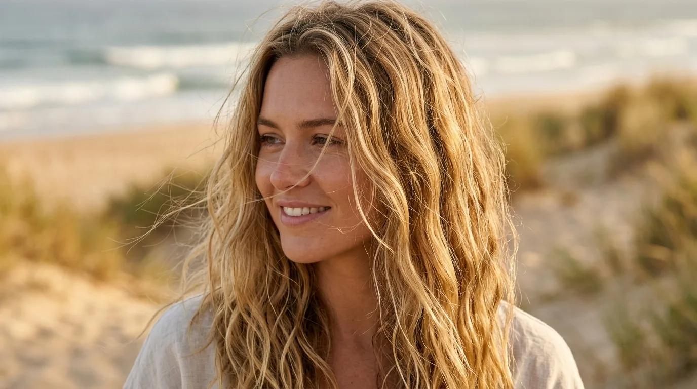 Woman with natural beach hair texture showing sun-kissed highlights and ocean breeze movement