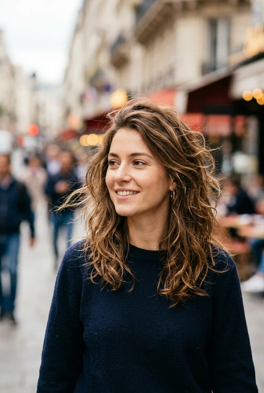 Woman with effortless beach wave texture and tousled undone styling