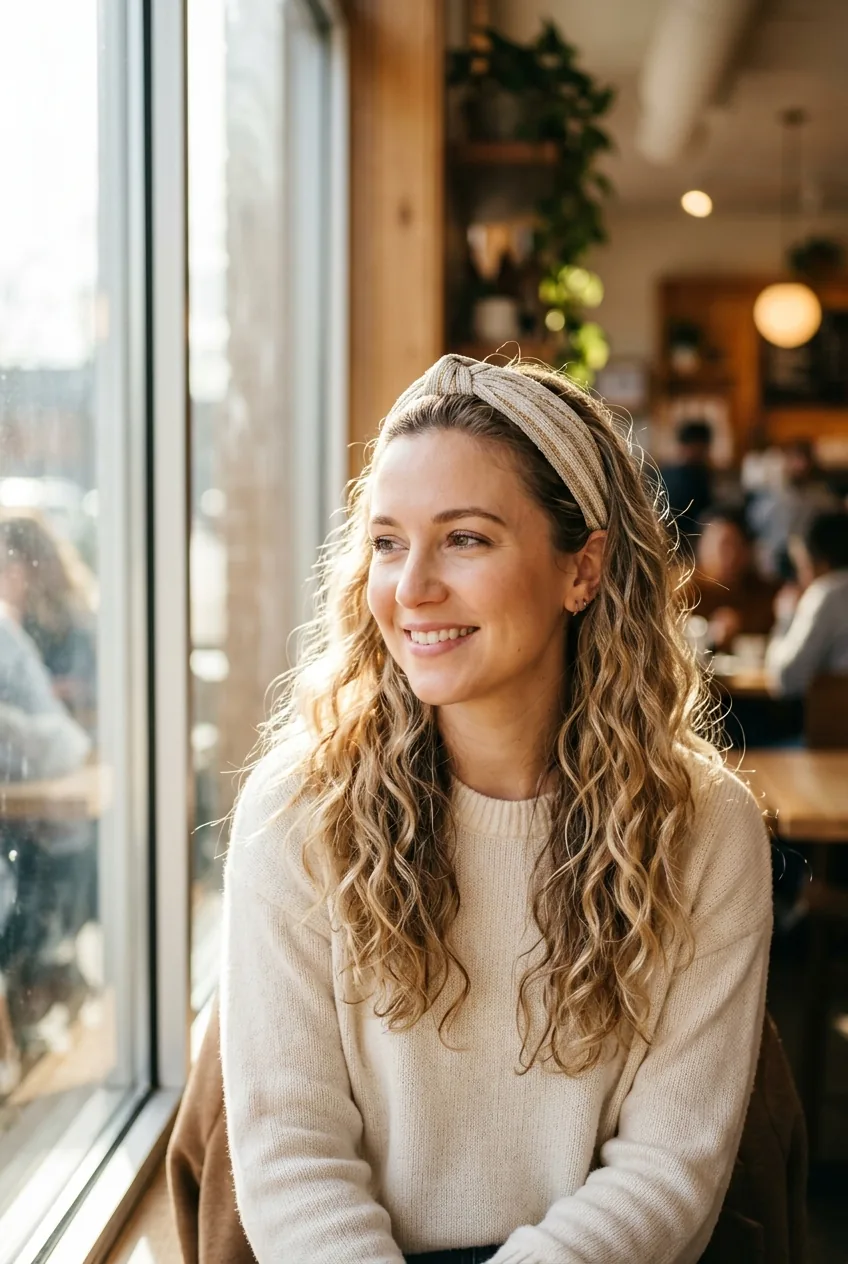 Woman with beach waves wearing headband in natural cafe window lighting