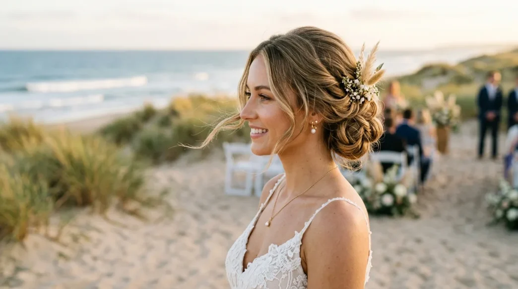 Bride with elegant low bun hairstyle at beach wedding ceremony with coastal backdrop