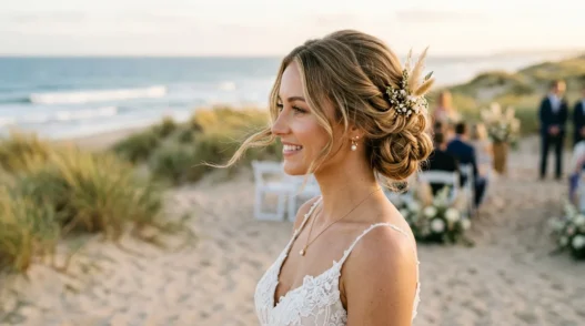 Bride with elegant low bun hairstyle at beach wedding ceremony with coastal backdrop