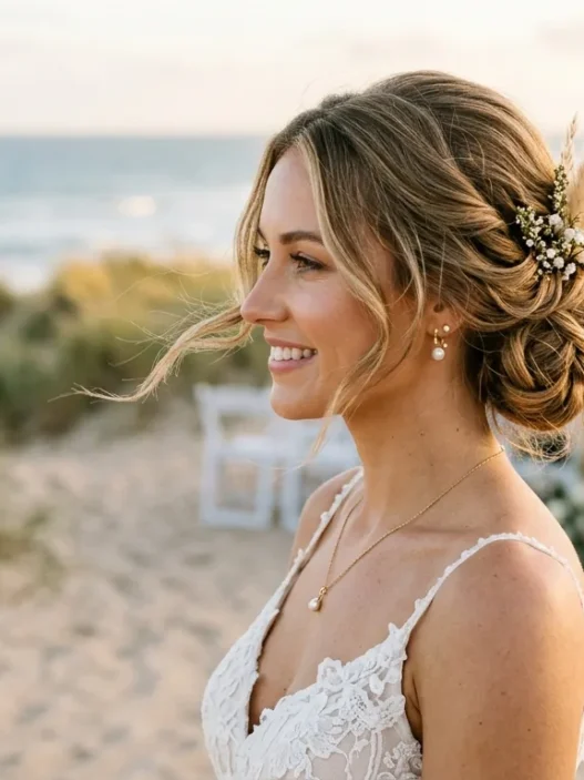 Bride with elegant low bun hairstyle at beach wedding ceremony with coastal backdrop