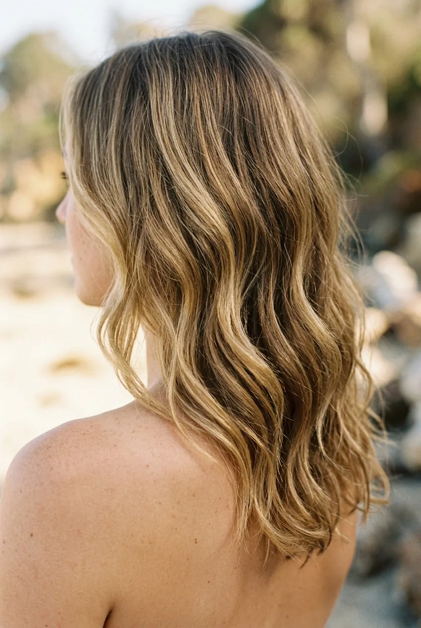 Beachy natural waves with subtle layering showing sun-kissed tousled texture over bare shoulder