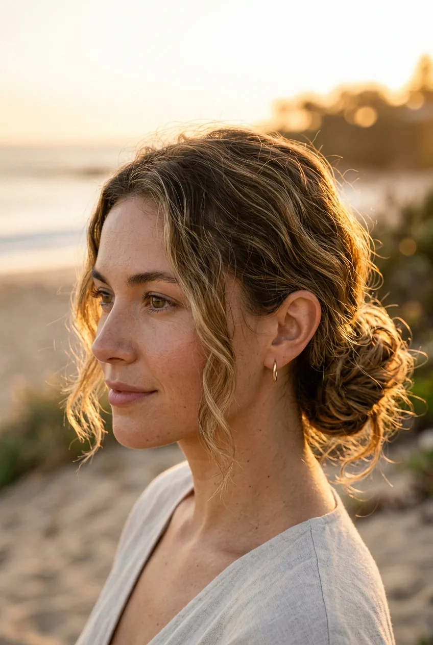 Woman with beachy textured updo showing salt-spray windswept natural movement