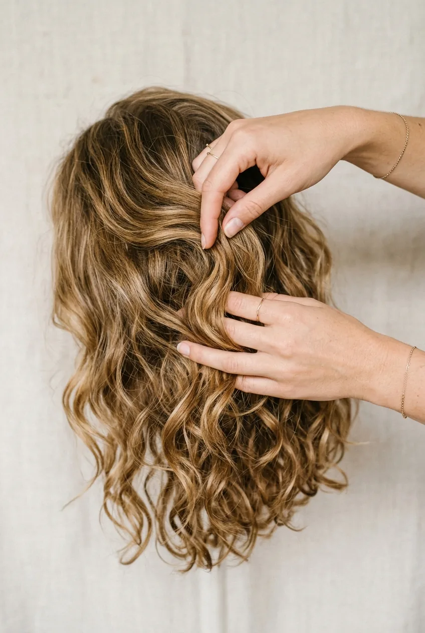 Overhead view of hands gently touching relaxed beachy waves showing natural movement and texture