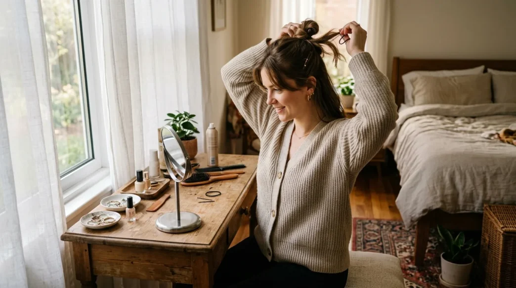 Woman styling her hair at bedroom dressing table with morning light streaming through curtains