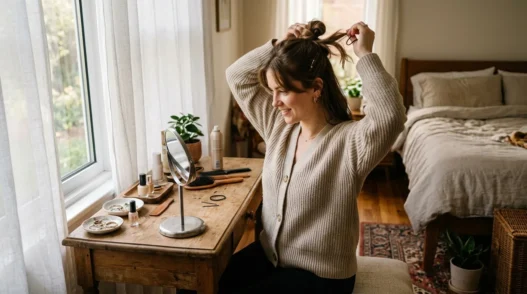 Woman styling her hair at bedroom dressing table with morning light streaming through curtains