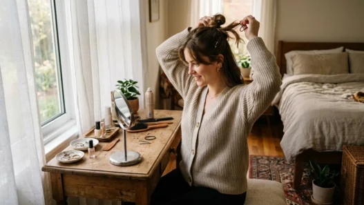 Woman styling her hair at bedroom dressing table with morning light streaming through curtains