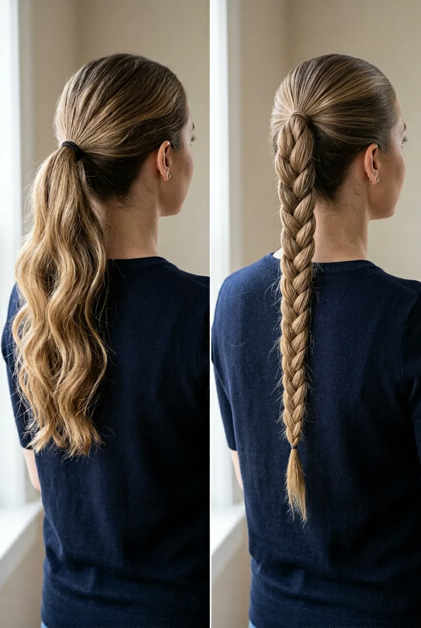 Before and after comparison showing regular ponytail versus textured braided ponytail style