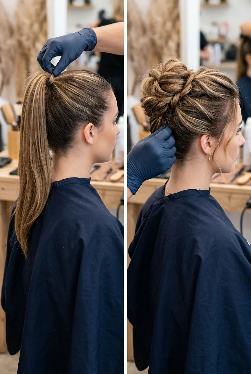 Before and after styling comparison showing ponytail transformation to elegant textured updo