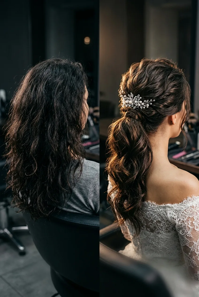 Before and after transformation from loose hair to finished wedding ponytail styling