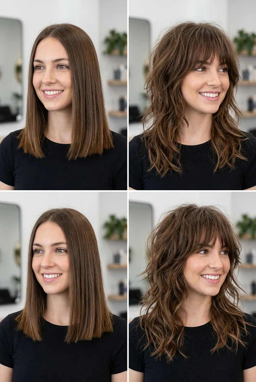 Side-by-side before and after transformation from blunt to textured wolf cut