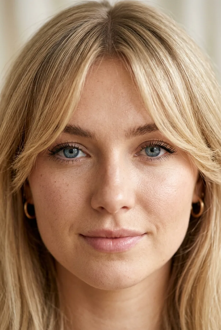 Blonde woman with center-parted curtain bangs sweeping to both sides of her face
