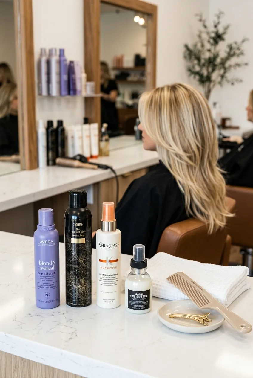Purple shampoo and styling products arranged on salon counter with blonde layered hair sample