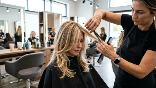 Professional stylist cutting blonde layered hair in modern salon with bright lighting and cutting cape
