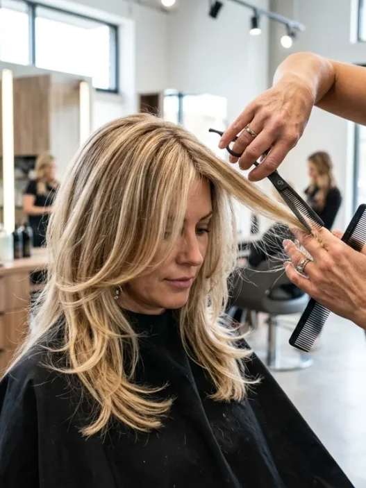 Professional stylist cutting blonde layered hair in modern salon with bright lighting and cutting cape